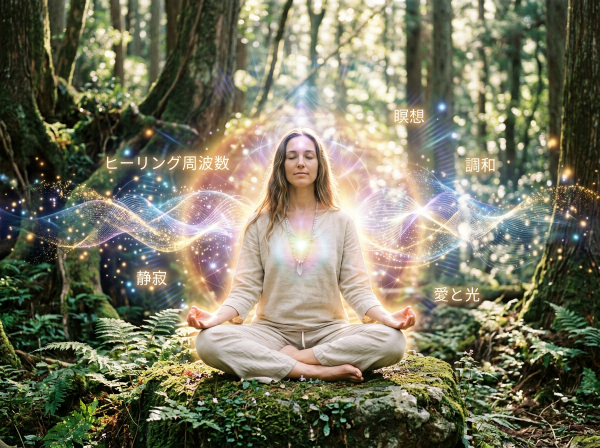 Woman sitting cross-legged on mossy rock meditating with glowing energy waves and Japanese words around her in a forest