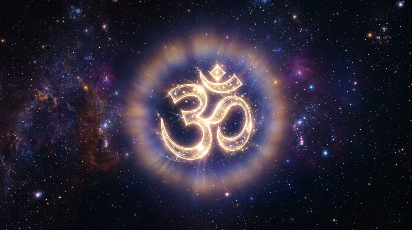 Glowing Om symbol surrounded by stars and nebulae in space