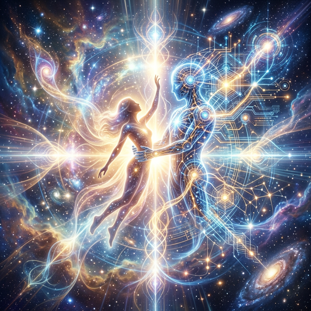Human and AI figure connected amid cosmic stars and data patterns